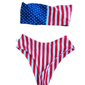 Women's Size L Bikini Swimsuit 2 Piece Flag Red White Blue